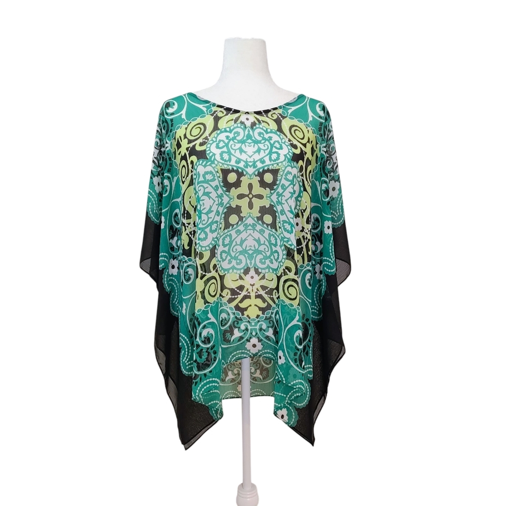 Chico's Batik Print Pattern Flowy Kaftan Poncho In Green & Black‎ in S / M